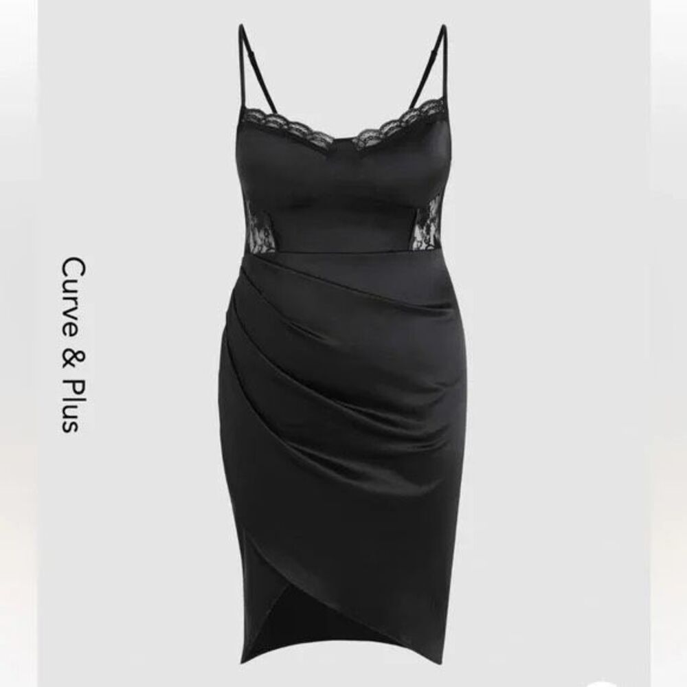 NWT! Cider Black Satin Lace Insert Ruch Front Sexy Slip Dress Size 2XL